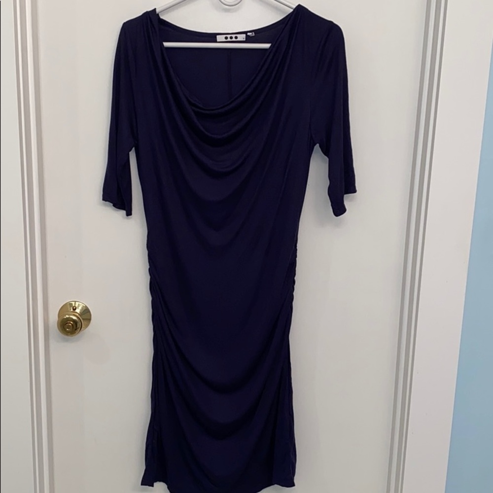 Three dots navy rouched dress with cowl neck